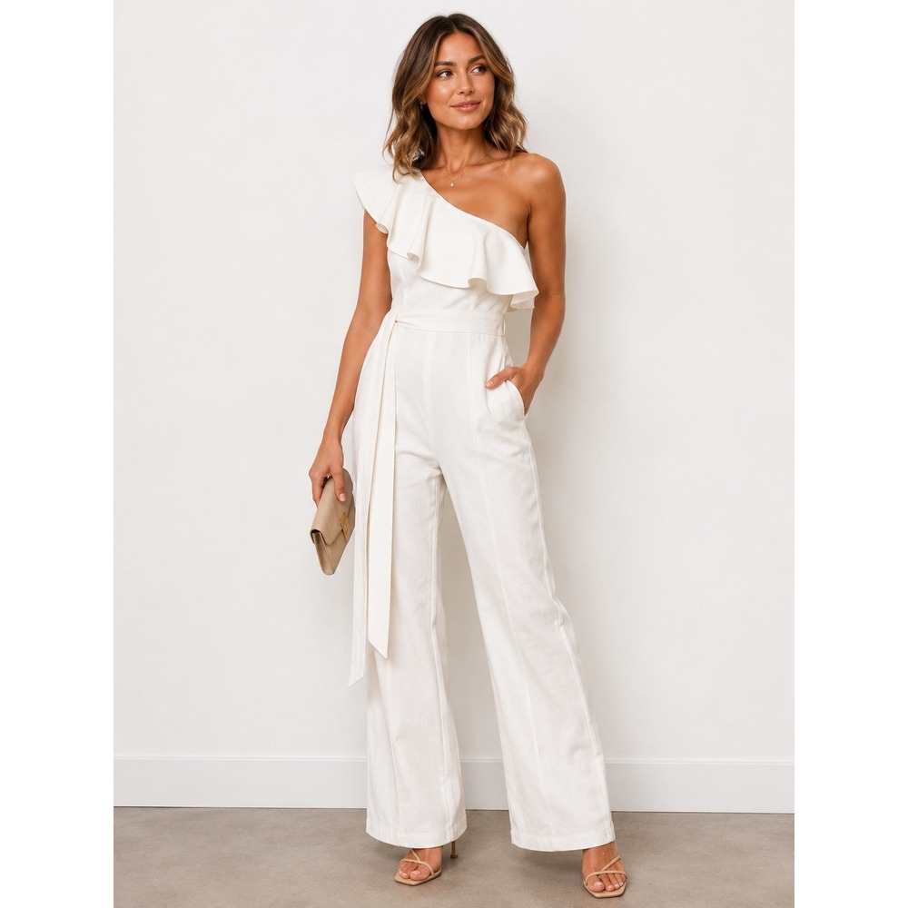 Flying Tomato Jumpsuit Large White One Shoulder Ruffle Wide Leg Belted Denim